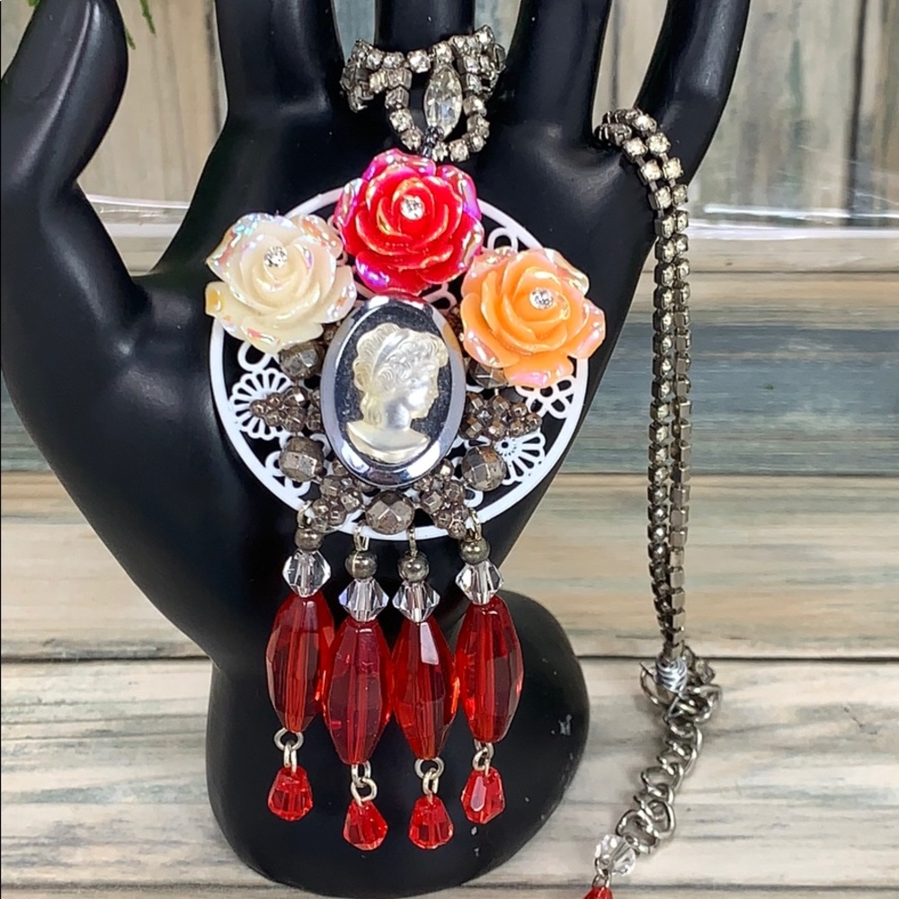 🌟Adorned Crown artisan assemblage red cameo cluster crystal necklace